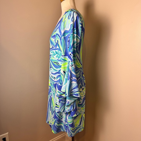 LILLY PULITZER Floral Tropical Print Long Sleeve Midi Dress BLUE / SIZE 8 - Picture 8 of 14